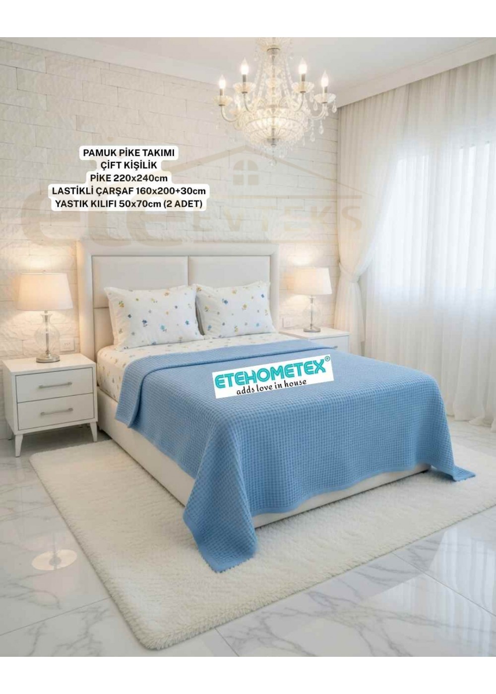 ETEHOMETEX ÇİFT KİŞİLİK %100 PAMUK HAVUZLU PİKE TAKIMI MAVİ 8696474232072